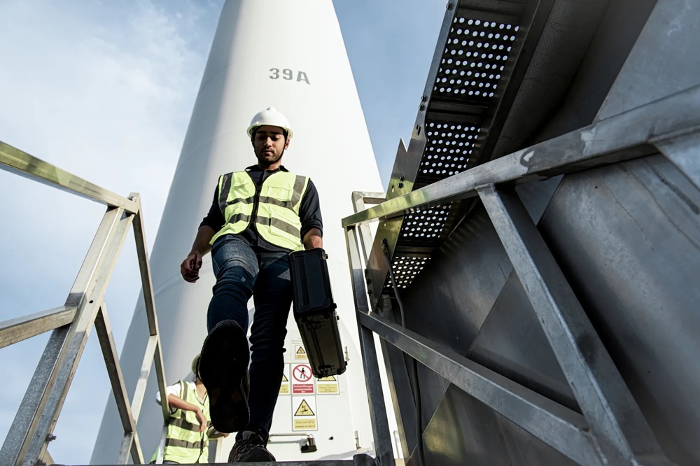 Ein Arbeiter in Warnweste und Helm steigt mit einem Koffer eine Metalltreppe hinab, vor einem Windkraftturm.