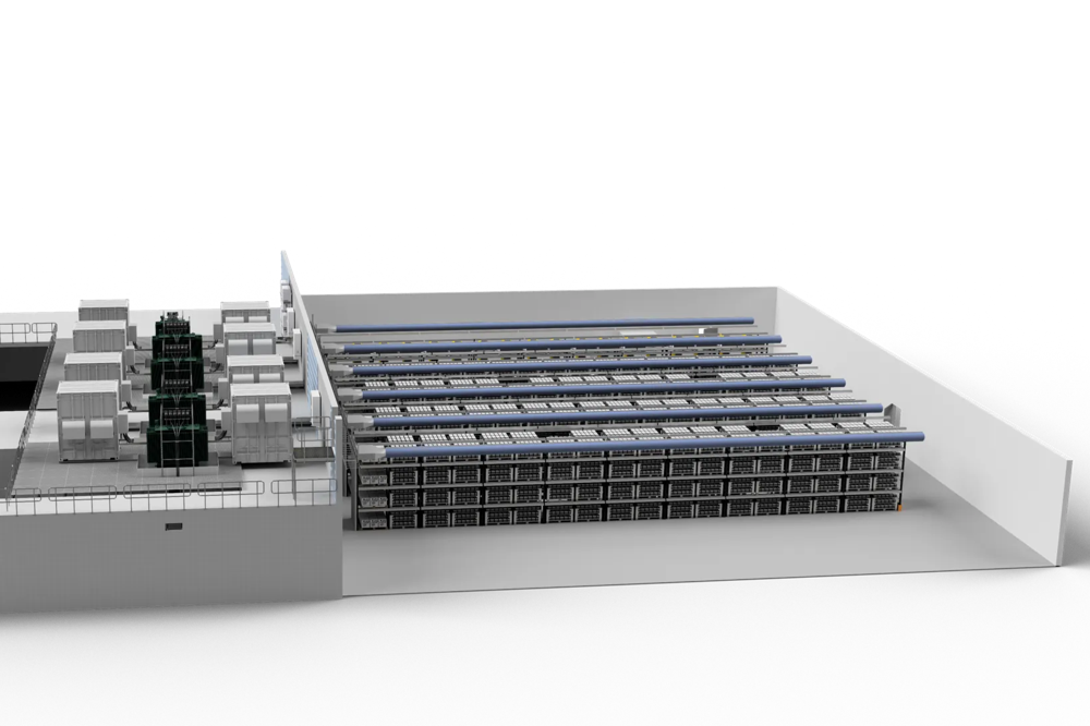 Ein Modell eines modernen Rechenzentrums mit Serverreihen und technischen Anlagen auf schwarzem Hintergrund.