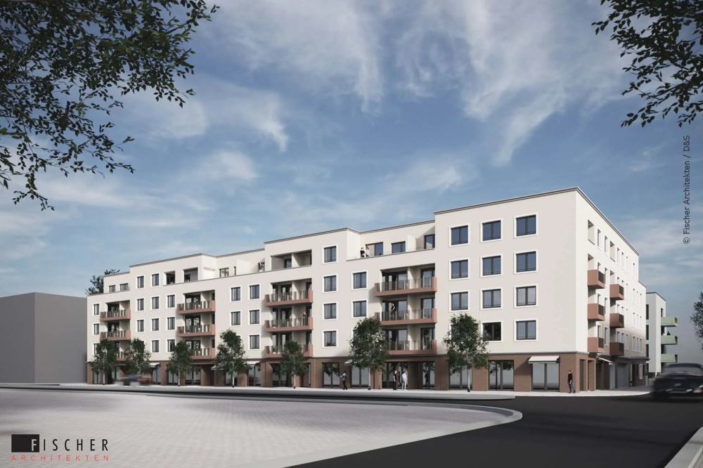 Mehrstöckiges Wohngebäude mit Balkonen, Bäumen davor, unter blauem Himmel.