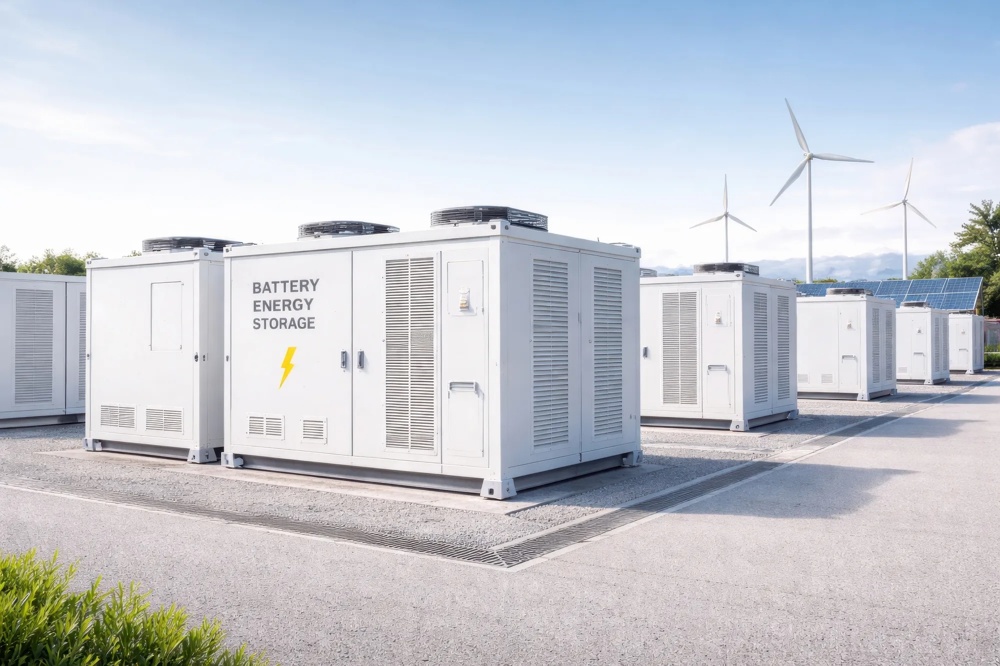 Mehrere weiße Großcontainer mit der Aufschrift „Battery Energy Storage" und gelbem Blitzsymbol auf einem Freigelände, im Hintergrund Windkraftanlagen und Solarmodule.