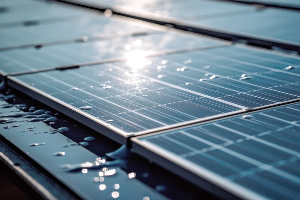 Sonnenlicht reflektiert auf nassen Solarpaneelen mit Wassertropfen.