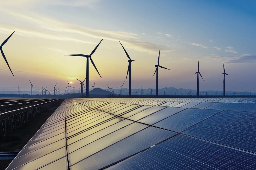 Solar panels and wind turbines at sunset on a field with mountains in the background.