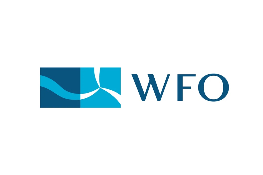 Logo mit stilisierter Welle und Windradflügel in Blau sowie dem Schriftzug „World Forum Offshore Wind" – internationales Forum für die Offshore-Windenergie-Branche.