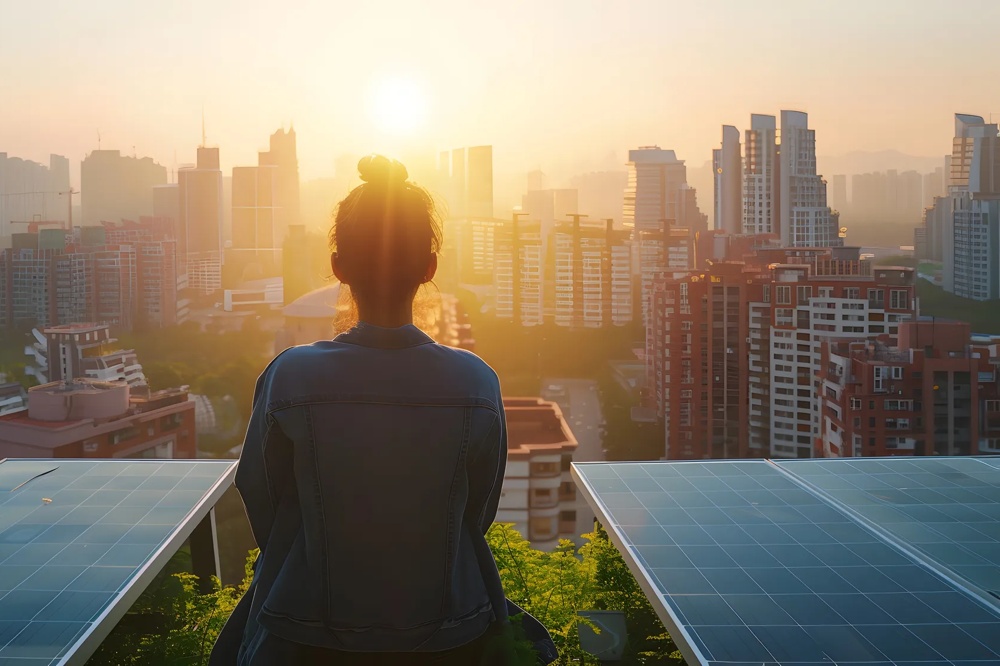 A person sitting on a roof with solar panels before sunset, looking at a city with high-rise buildings.