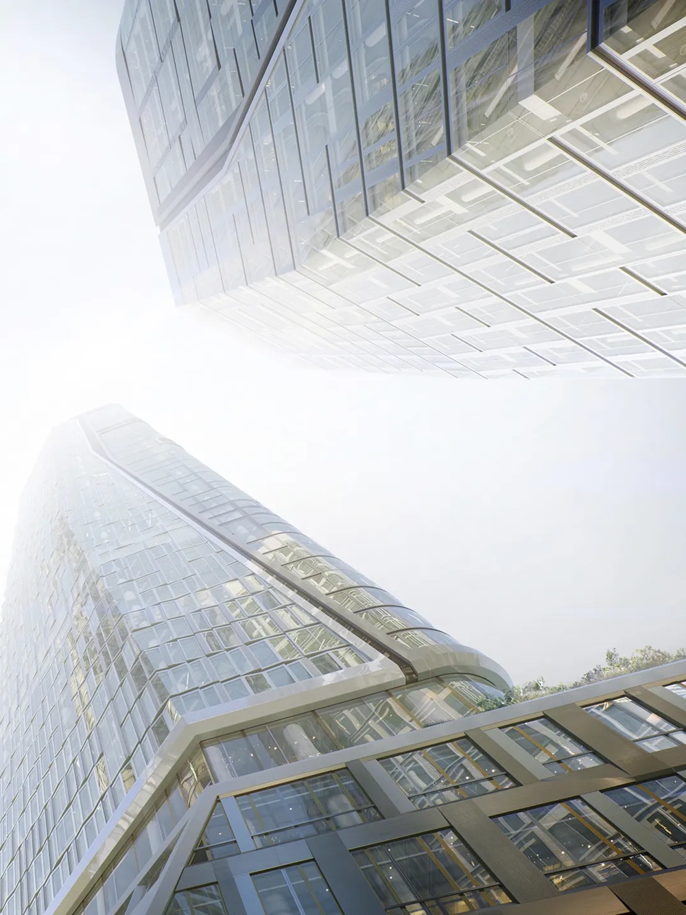 Blick von unten auf vier moderne, verglaste Hochhäuser, die sich zum Himmel neigen.