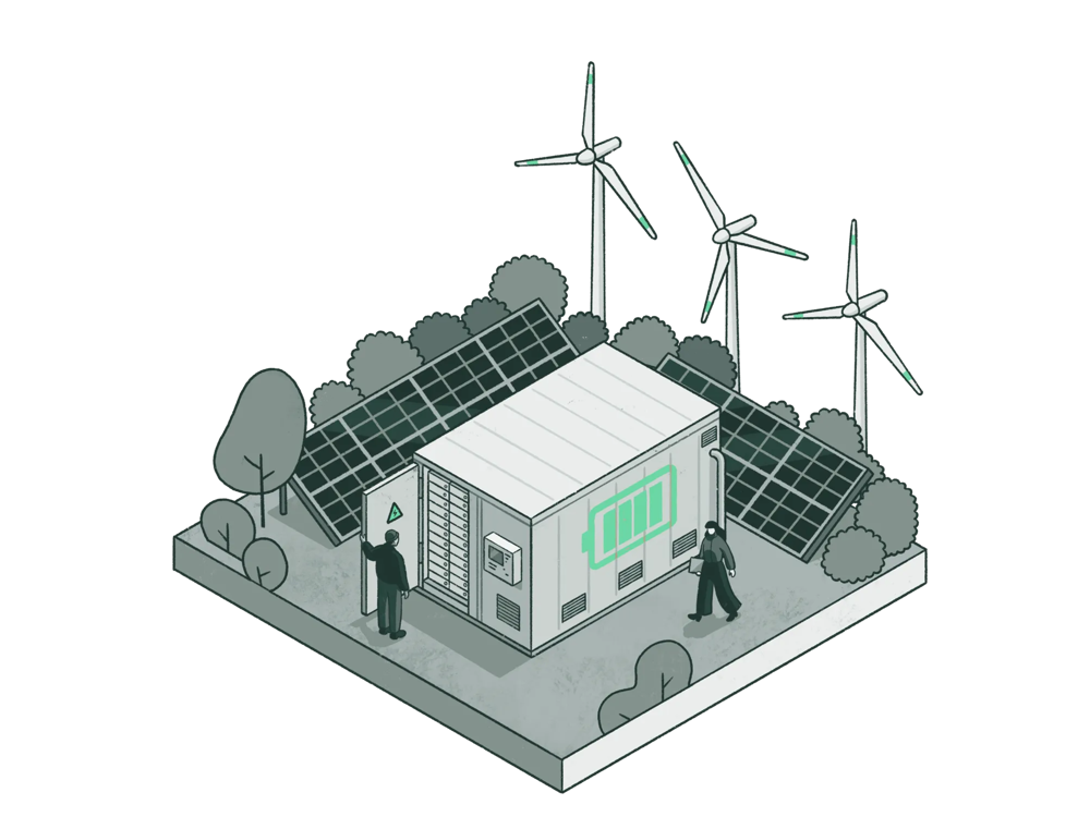 Battery storage facility with solar panels and wind turbines, two people inspecting the equipment in a green setting.