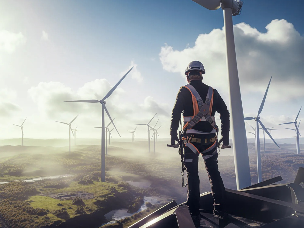 Ein Arbeiter steht auf einer Windkraftanlage und blickt über eine Landschaft mit mehreren Windrädern im Sonnenlicht.