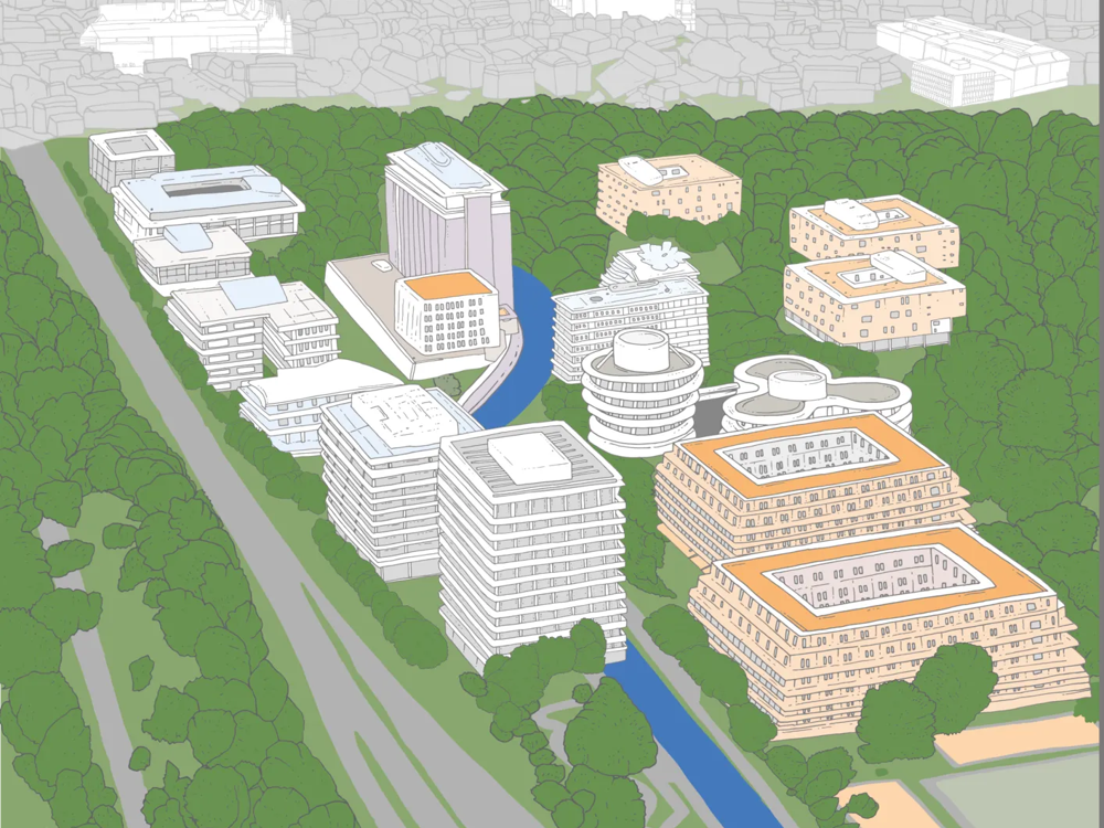 Grafische Karte mit dem Blick auf den Tucherpark in München mit den markanten Gebäuden des Areal sowie im Hintergrund die bekannten Bauwerke der Stadt wie z.B. der Frauenkirche