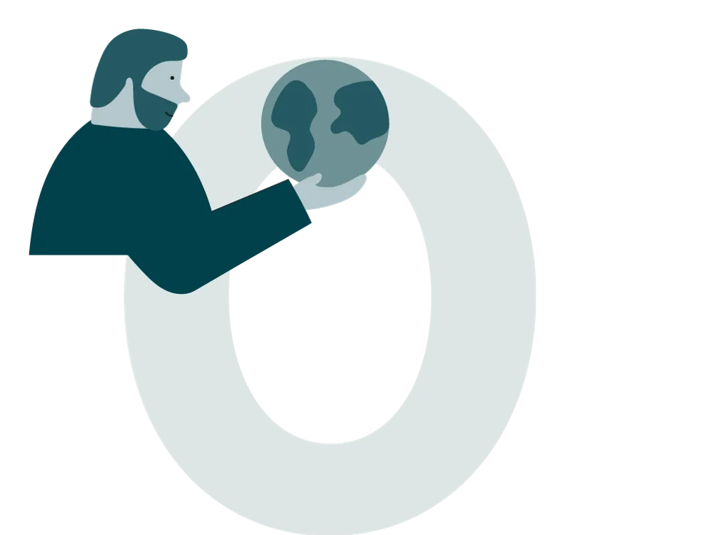 Eine Figur hält eine stilisierte Weltkugel vor einem großen, grauen Buchstaben "O".