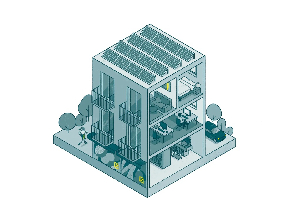 Ein dreistöckiges Gebäude mit Solarpanels, Büros, Wohnung, Auto und Bäumen, ein Mensch läuft außen entlang.