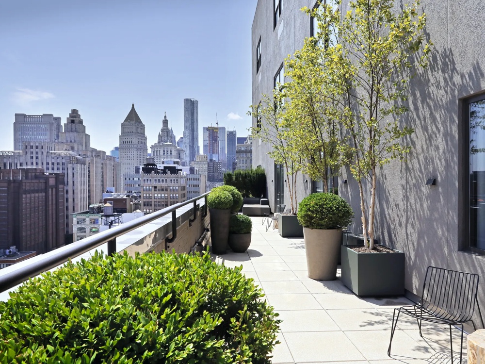 Dachterrasse mit Pflanzen, Stühlen und Blick auf die Skyline einer Stadt bei klarem Himmel.