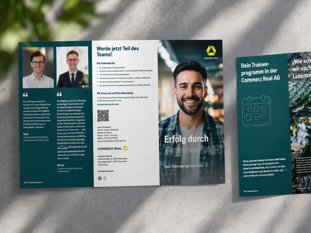 A close-up of an unfolded flyer promoting Commerz Real's trainee program