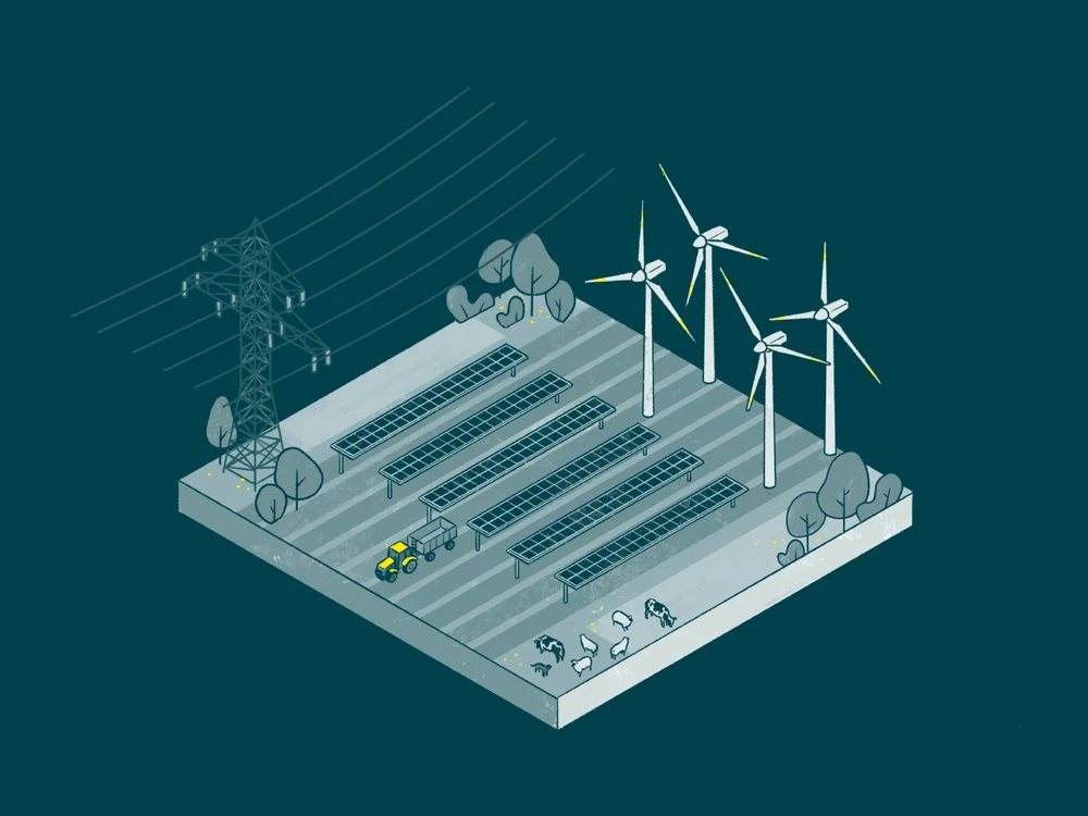 Ein Feld mit Solarpanels, Windrädern, Strommast, Traktor und Schafen.