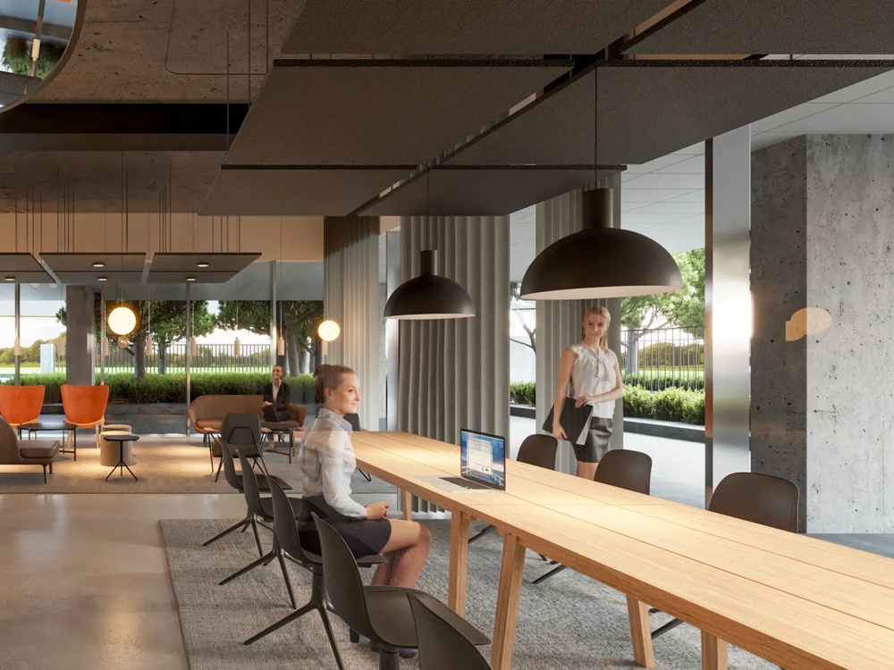 Modern office space with large windows, wooden table, black chairs, pendants and people in business clothes.