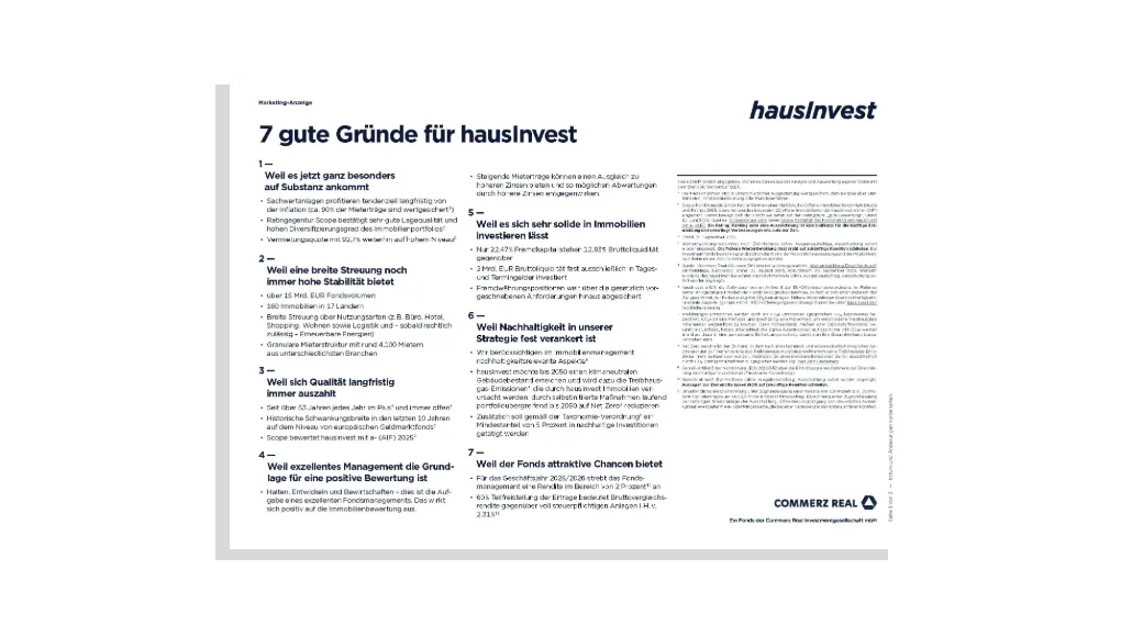 Vorschaubild einer Broschüre zu den sieben guten Gründen für das Produkt hausInvest