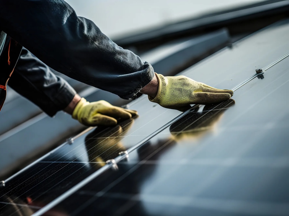 Hände in gelben Handschuhen installieren ein Solarpanel.