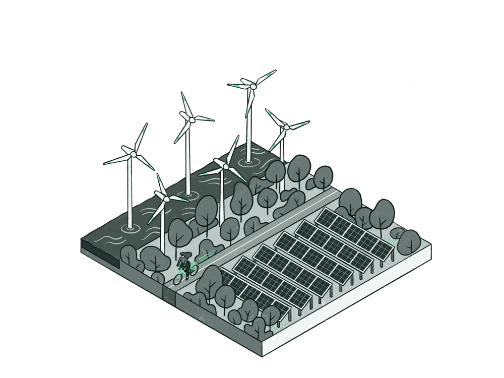 Wind turbines and solar panels in a green landscape with trees and a cyclist.
