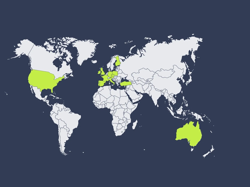Graphische Darstellung einer Weltkarte, in der die Länder, in denen die Fondsimmobilien des offenen Immobilienfonds hausInvest liegen, gelb eingefärbt sind.
