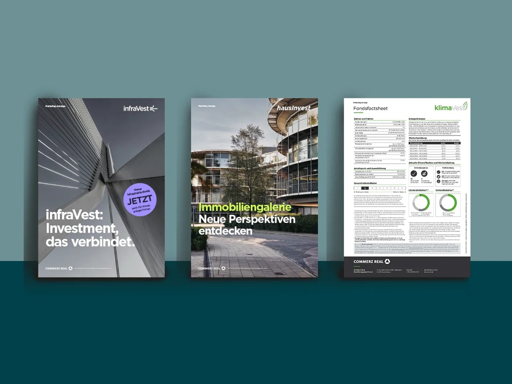 Three brochures: infraVest product brochure, hausInvest real estate broschure,  klimaVest funds factsheet