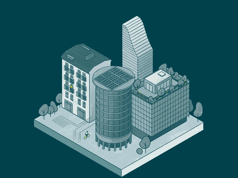 Drei moderne Gebäude auf quadratischer Basis mit Bäumen und Radfahrer.