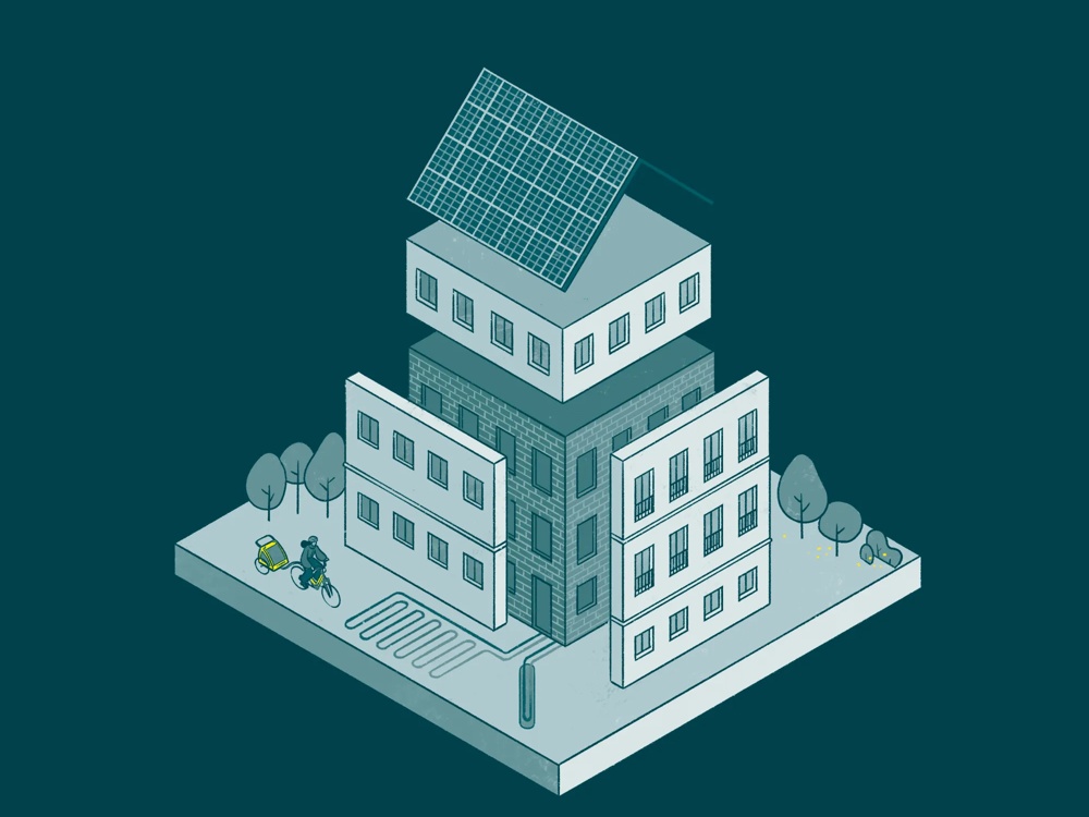 Ein Gebäude mit Solarpanelen, Bäumen und einer Person auf einem Fahrrad in einer städtischen Umgebung.