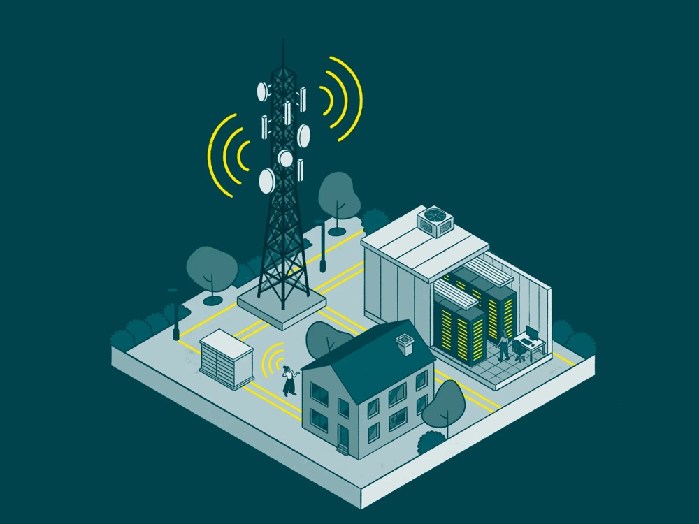 Illustration Infrastruktur mit Kommunikationsturm und Gebäuden