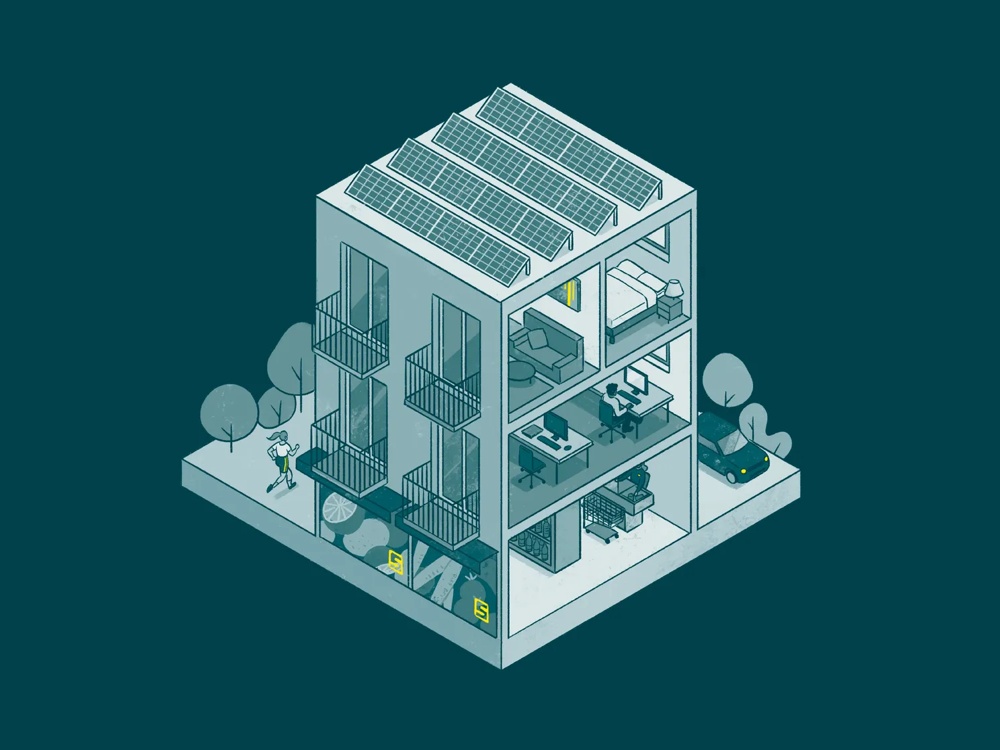 Ein modernes Gebäude mit Solarpaneelen, Büros, Schlafzimmer, Garage, Balkonen und einem Elektroauto, umgeben von Bäumen.