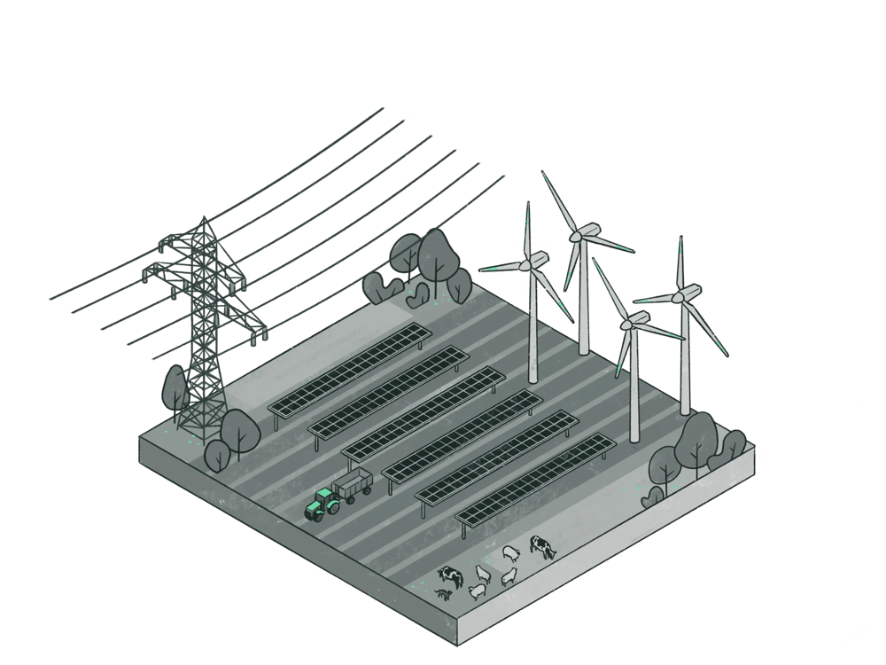 Solar panels, wind turbines, power tower and tractor on a field with trees and sheep.
