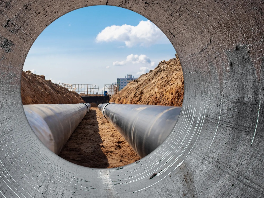 Blick durch ein Betonrohr auf zwei parallel verlaufende Rohre in einem Erdgraben unter blauem Himmel.