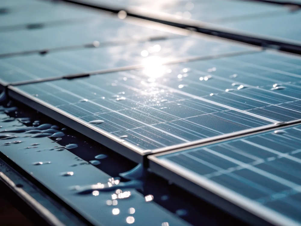 Sonnenlicht reflektiert auf nassen Solarpaneelen mit Wassertropfen.