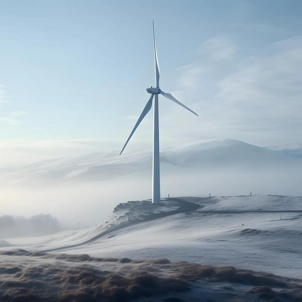 A windmill stands in a fogged, snowy landscape with soft hills in the background.