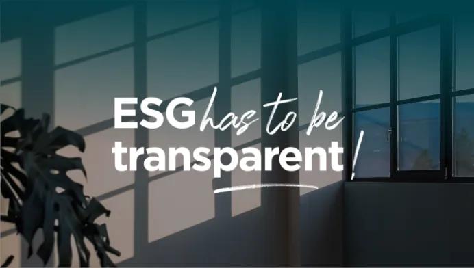Text “ESG has to be transparent” in front of window with shadow and plant.