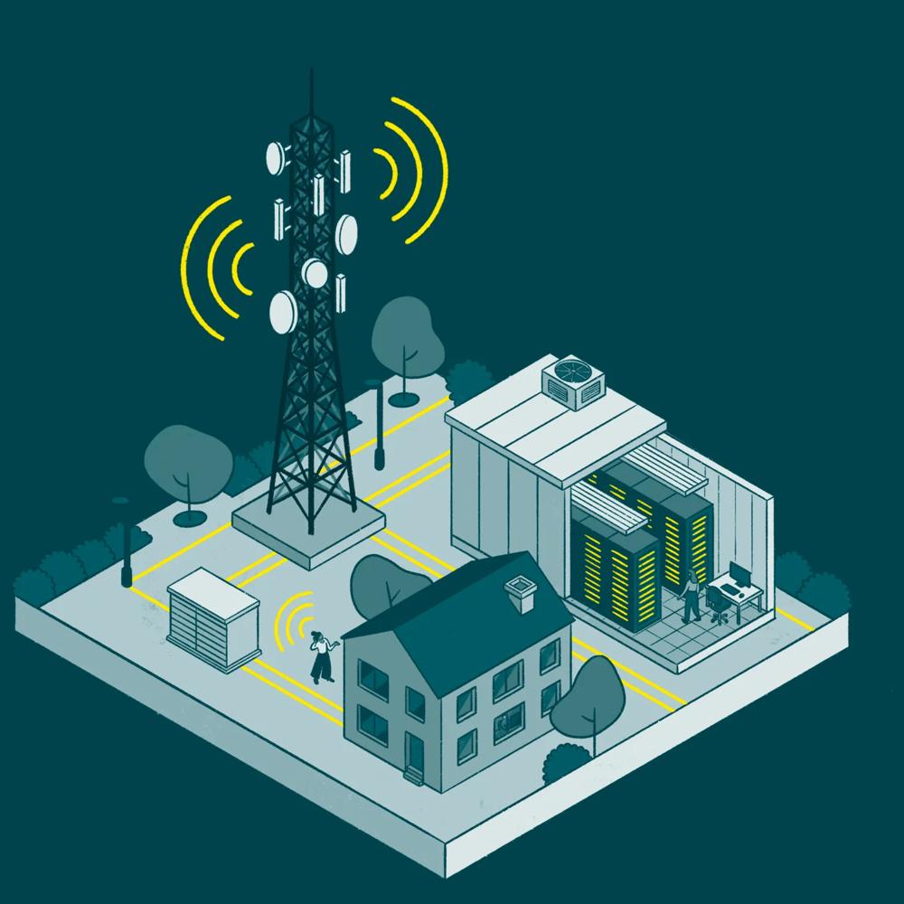 Infrastructure with communication tower and buildings