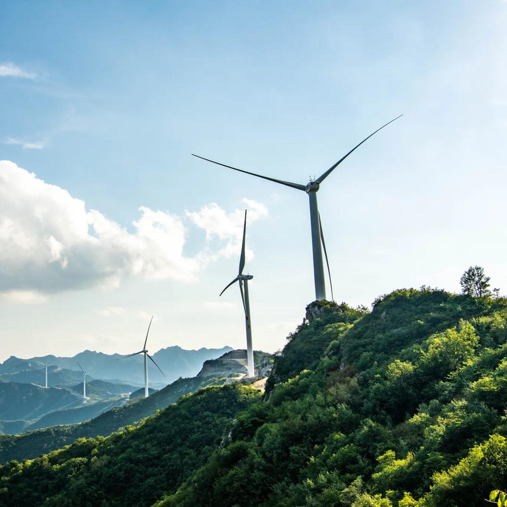 Windkraftanlagen auf bewaldeten Hügeln und Bergen unter blauem Himmel mit weißen Wolken