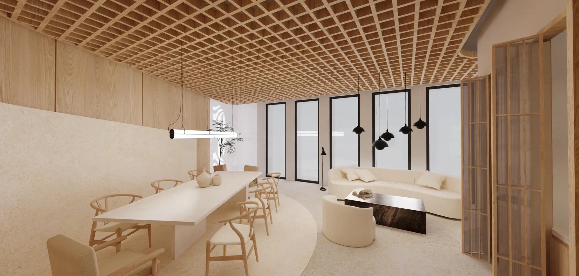 Moderner Raum mit Holzgitterdecke, großem Tisch, Stühlen, geschwungenem Sofa und großen Fenstern.